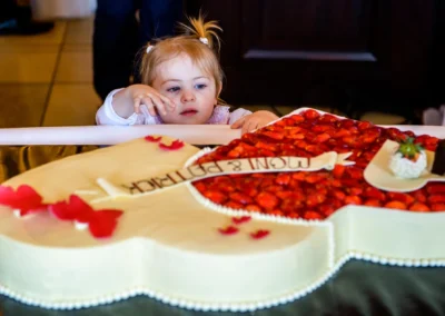 Kleines Kind betrachtet Hochzeitstorte bei Trauung in Seefeld, nahe Pilsensee. Hochzeitsreportage westlich von Muenchen.