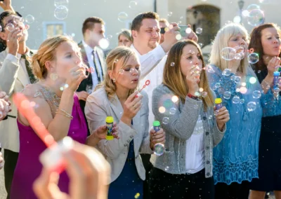 Gäste bei Hochzeit in Schloss Seefeld blasen Seifenblasen. Fröhliche Feiermomente festgehalten in Hochzeitsreportage.