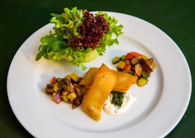 Elegantes Hochzeitsmenü im Schloss Pertenstein, detailreich serviert mit frischem Salat und Antipasti.