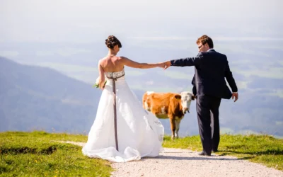 Brautpaar Hand in Hand auf Wiese mit Kuh im Hintergrund, Hochzeitsfoto in Oberbayern nahe der Kampenwand.