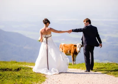 Brautpaar Hand in Hand auf Wiese mit Kuh im Hintergrund, Hochzeitsfoto in Oberbayern nahe der Kampenwand.