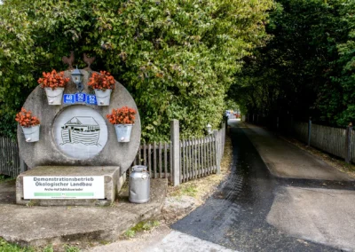 Einfahrt zum Archehof Schlickenrieder, umgeben von Baeumen, bei einer Hochzeitsreportage suedlich von Muenchen.