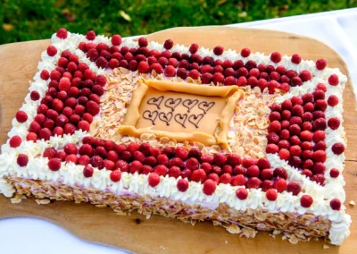 Hochzeitsfoto von rechteckiger Hochzeitstorte mit Himbeeren in alter wirt grünwald. Elegante Hochzeitsfotografie.