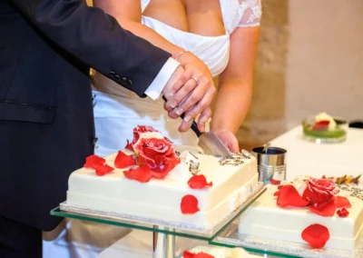 Hochzeitsfoto: Brautpaar schneidet Hochzeitstorte mit roten Rosen im Schloss Hochstaedt an der Donau.