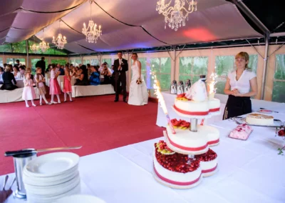 Hochzeitsfeier in Schwabing, Muenchen mit Torte und Brautpaar, aufgenommen bei einer Hochzeit.
