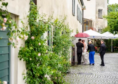Brautpaar mit Gästen unter Regenschirm bei Hochzeit in Schloss Blutenburg, umgeben von grünen Rosensträuchern.
