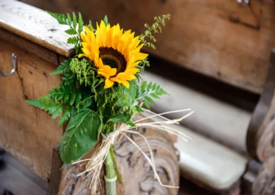 Sonnenblume mit grünen Blättern an Bank befestigt, umgeben von Holzdetails.